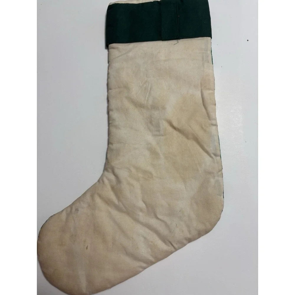 Vintage Quilted Cotton Christmas Stocking Ivory Green Cottage Country